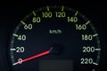 Close-Up of a Glowing black car Speedometer with a red arrow indicating 0