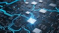 Close-up of a glowing blue circuit board with a central processor technology computer Royalty Free Stock Photo