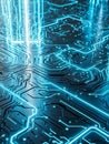 Close-up of a Glowing Blue Circuit Board with Intricate Lines technology electronics Royalty Free Stock Photo