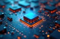 Close up of glowing blue computer chip on circuit board with orange lights. Digital technology, innovation, cyberspace, AI, data Royalty Free Stock Photo