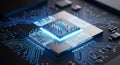 Close-up of a glowing blue computer processor chip on a circuit board Royalty Free Stock Photo