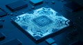 Close up of a glowing blue computer processor on a circuit board Royalty Free Stock Photo