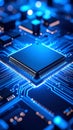 Close-up of a glowing blue computer processor on a circuit board, technology background Royalty Free Stock Photo