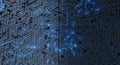 Close-up of glowing blue lines connected by white lines on a black hexagonal pattern background creating futuristic abstract Royalty Free Stock Photo