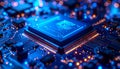 Close-up of a glowing blue microchip on a circuit board Royalty Free Stock Photo