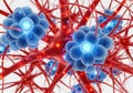 Close up of glowing blue neuron clusters connected by red neural pathways Royalty Free Stock Photo