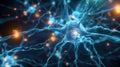 Close-up of glowing brain neurons. Neural network of the brain, neural activity. Neurology, science and research. Brain function,