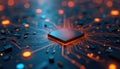 Close up of glowing circuit board with central processor. Digital network pathways, data flow, and electronic components Royalty Free Stock Photo