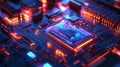 Close Up of Glowing Circuit Board with Integrated Microchip