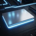 Close-up of a glowing computer chip on a circuit board, representing advanced technology and data processing Royalty Free Stock Photo