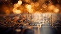 Close up of glowing computer chip with intricate circuitry and dreamy bokeh background