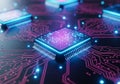 Close up of glowing computer microchip on circuit board Royalty Free Stock Photo