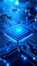 Close-up of a glowing computer processor circuit board with blue and orange lights Royalty Free Stock Photo