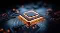 Close-up of a glowing computer processor on a circuit board. Royalty Free Stock Photo