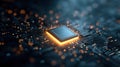 Close-up of a glowing computer processor on a circuit board. Royalty Free Stock Photo