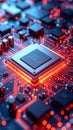 Close-up of a glowing computer processor and circuit board with red and blue light Royalty Free Stock Photo