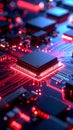 Close-up of a glowing computer processor on a circuit board with red and blue lights Royalty Free Stock Photo