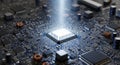 Close-up of a glowing computer processor on a circuit board, symbolizing innovation and technology Royalty Free Stock Photo