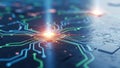 Close Up Of Glowing CPU Chip On Circuit Board With Blue Green Lines technology processor Royalty Free Stock Photo