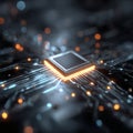Close up of glowing cpu chip on computer circuit board Royalty Free Stock Photo