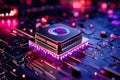 Close-up of a glowing CPU on a high-tech motherboard with vibrant colors. Perfect for technology and electronics themed Royalty Free Stock Photo