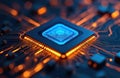 Close up glowing cpu microchip on circuit board. Digital technology abstract background with circuits and lights. Cyber security Royalty Free Stock Photo