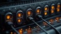 Close-up of glowing data server ports with cables connected in dark setting. Royalty Free Stock Photo