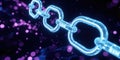 A close-up of glowing digital blockchain chain links connecting across a virtual network. The background has a dark, tech-inspired Royalty Free Stock Photo