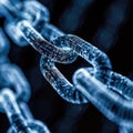 Close-up of a glowing digital chain link, representing blockchain technology, connectivity, and data security, on a dark