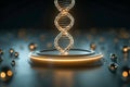 Close-up of a glowing dna double helix model surrounded by reflective spheres and illuminated by dynamic lighting, highlighting Royalty Free Stock Photo