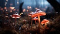 Close up of a glowing fly agaric mushroom in the forest generated by AI Royalty Free Stock Photo