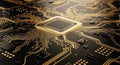 Close-up of a glowing golden CPU on a dark circuit board, symbolizing advanced technology and computing power Royalty Free Stock Photo