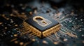 Close-up of a glowing golden padlock icon on a computer microchip mounted on a dark circuit board. Abstract concept for Royalty Free Stock Photo