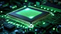 Close-up of a glowing green central processing unit (CPU) on a circuit board Royalty Free Stock Photo