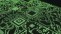 Closeup of a glowing green circuit board with intricate pathways and central processors Royalty Free Stock Photo