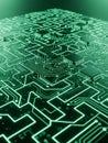 Close-up of a glowing green circuit board with intricate pathways and microchips electronics technology Royalty Free Stock Photo
