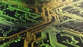 Close-up of a glowing green and gold electronic circuit board with microchips electronics Royalty Free Stock Photo