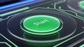 Close-up of a glowing green start button on a futuristic digital interface Royalty Free Stock Photo