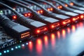 Close up of glowing LED circuit boards in a futuristic setting representing electronic components data processing and the integ