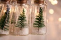 Close up of glowing lights decoration of glass jars with corks inside which there are small green Christmas trees on artificial