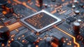 Close-up of Glowing Microchip on Circuit Board