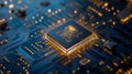 Close-up of Glowing Microchip on Circuit Board