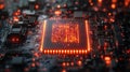 Close-up of a glowing microchip on a circuit board - generative ai Royalty Free Stock Photo