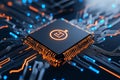 Close-up of a glowing microchip embedded in a circuit board, showcasing modern technology and advanced computing