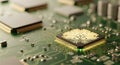 Close-up of a glowing microchip on a green circuit board, illustrating advanced technology and computing power Royalty Free Stock Photo