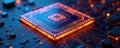 Close-up of glowing microprocessor on circuit board. Microchip with orange light on electronic background. Semiconductor with Royalty Free Stock Photo