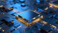 Close-up of a glowing microprocessor on a circuit board showcasing intricate electronic pathways and advanced technology design Royalty Free Stock Photo