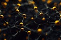 Close view of molecular nanostructure with glowing gold nodes on black background. Modern technology and materials