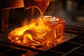 close-up of glowing molten metal being poured into a mold