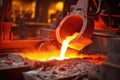 close-up of glowing molten steel pouring from a ladle